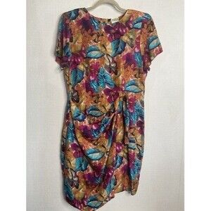 VTG Caroline Wells 100% Silk Midi Dress Women Size 14P Leaves Print Church